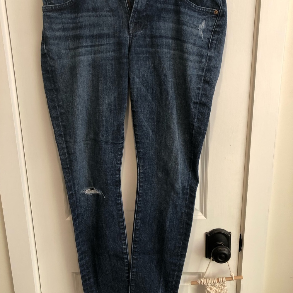 7 For All Mankind Dark Blue Straight Leg Jeans with Light Distressing